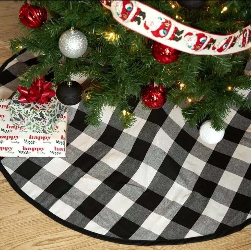 NEW Holiday Time Black & white buffalo plaid Christmas tree skirt 48" Farmhouse